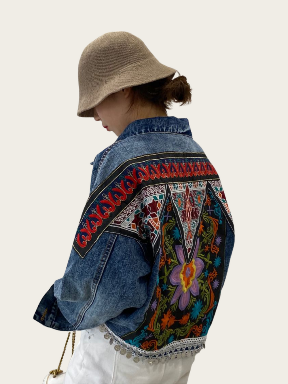 Boho Embroidered Denim Jacket – Colorful Statement Outerwear