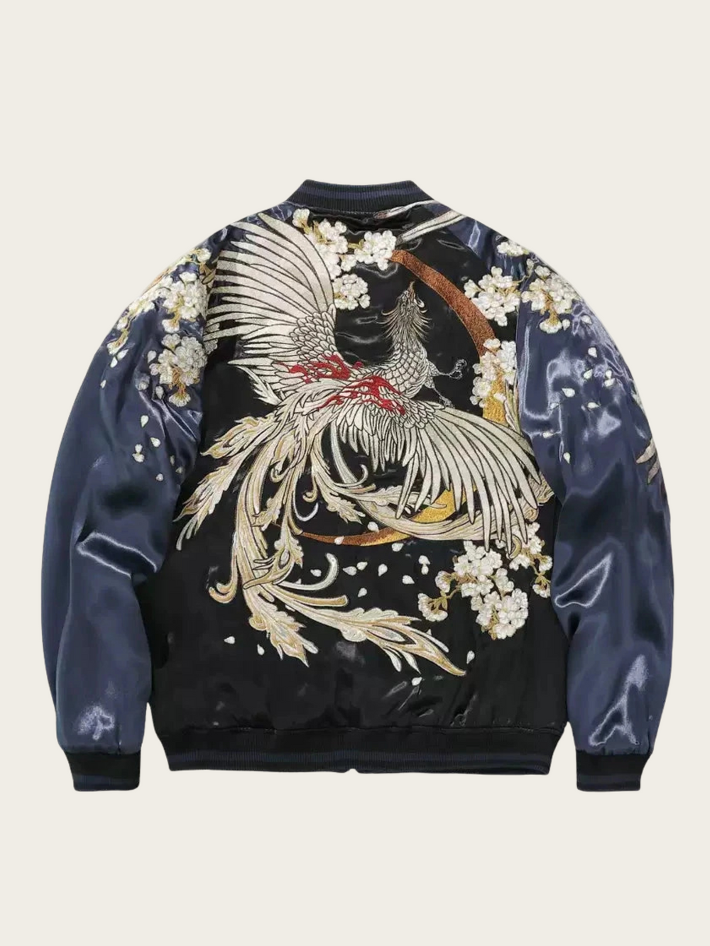 Jacket with phoenix and floral design on a beige background