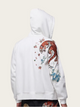 White hoodie with colorful tiger design on the back against a beige background