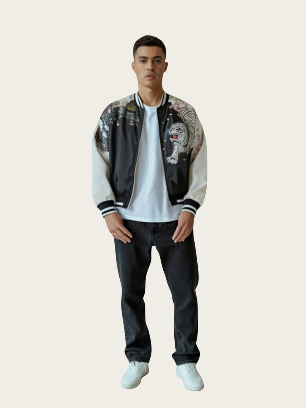 Person wearing a patterned jacket, white shirt, and dark pants on a plain background
