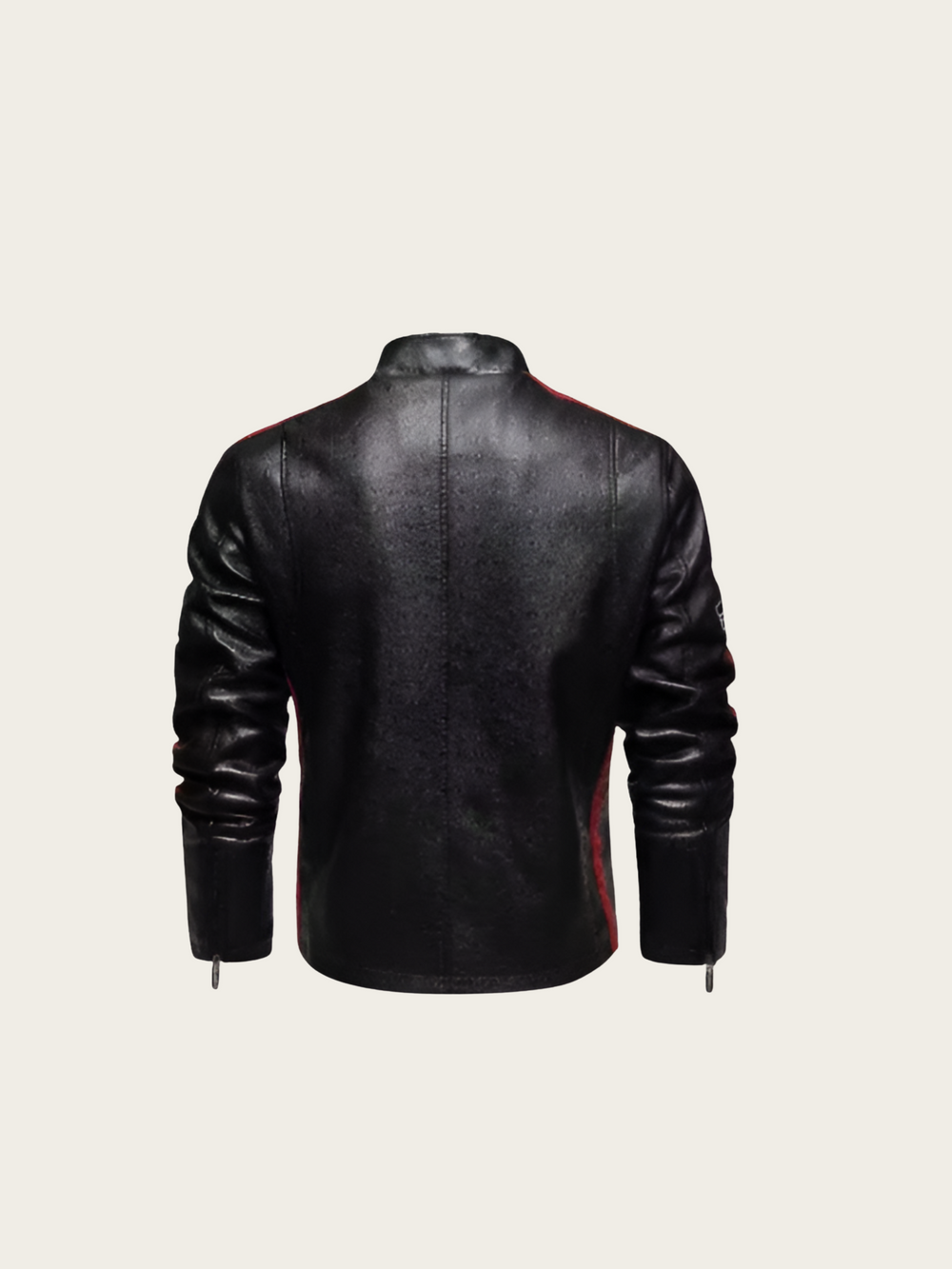 Black leather jacket with red accents on a beige background