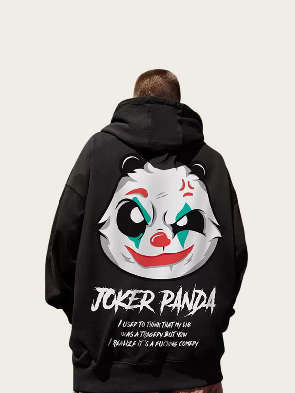 Black hoodie with Joker Panda design on the back, featuring a panda face with clown makeup.