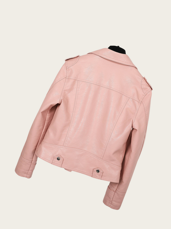 Pink leather jacket on a light beige background