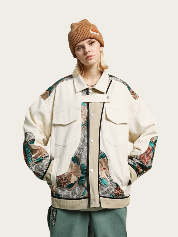 Person wearing a stylish jacket with floral patterns and a brown beanie on a light background