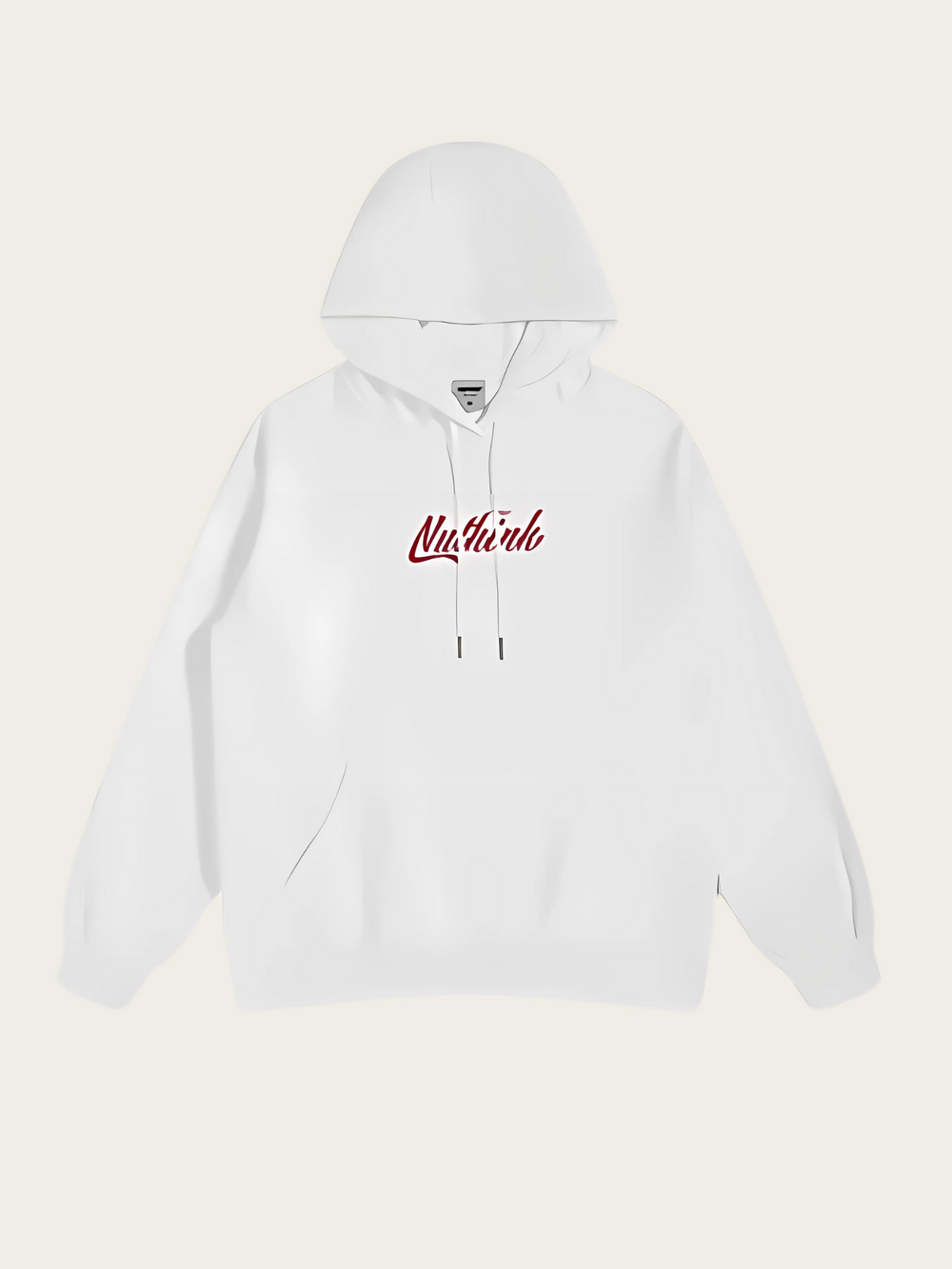 White hoodie with red text on a light beige background