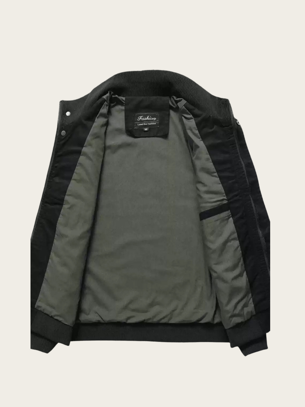 Two-tone jacket with black and gray colors on a light beige background