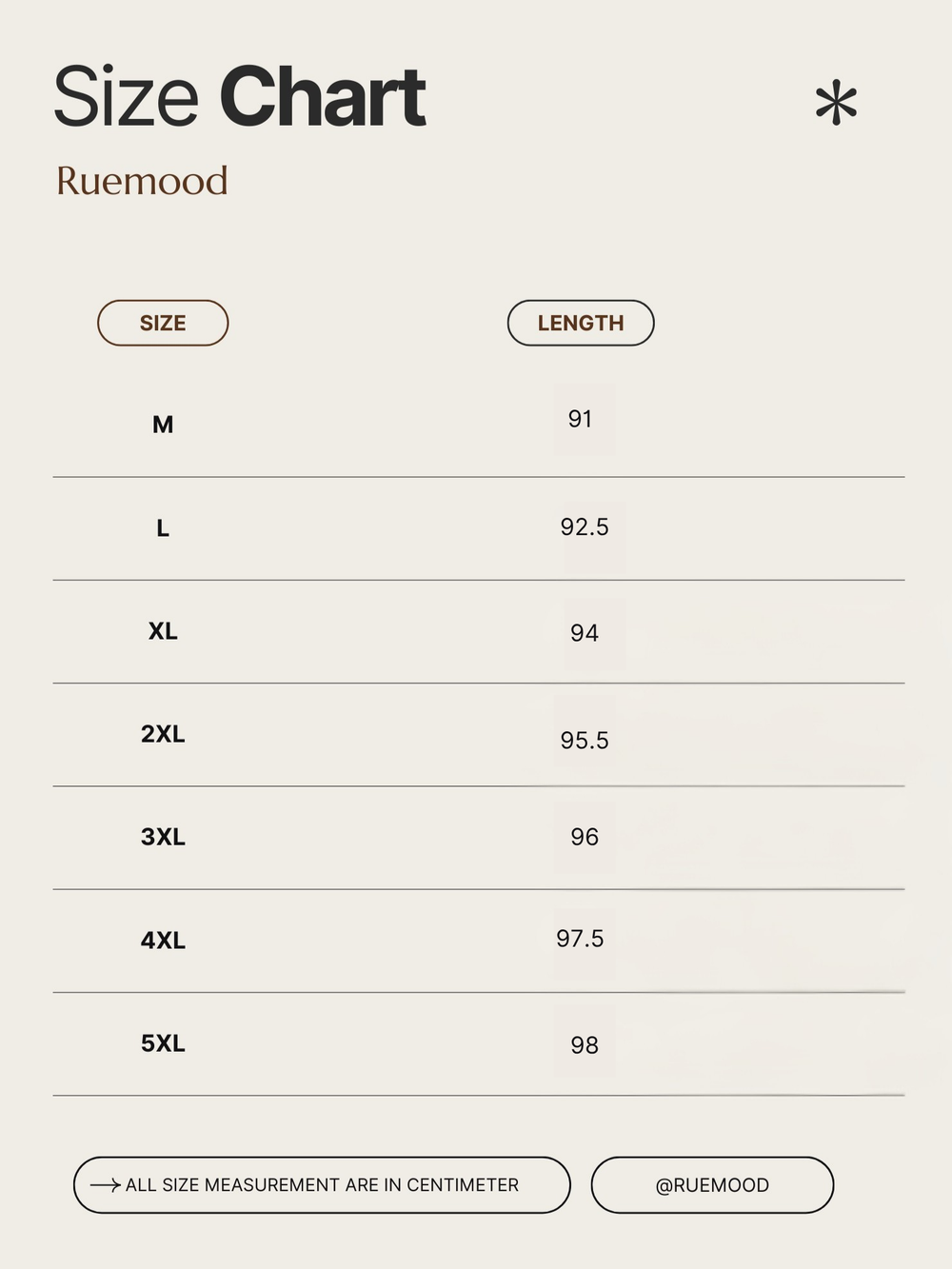 Size chart for Ruemood products showing measurements in centimeters.