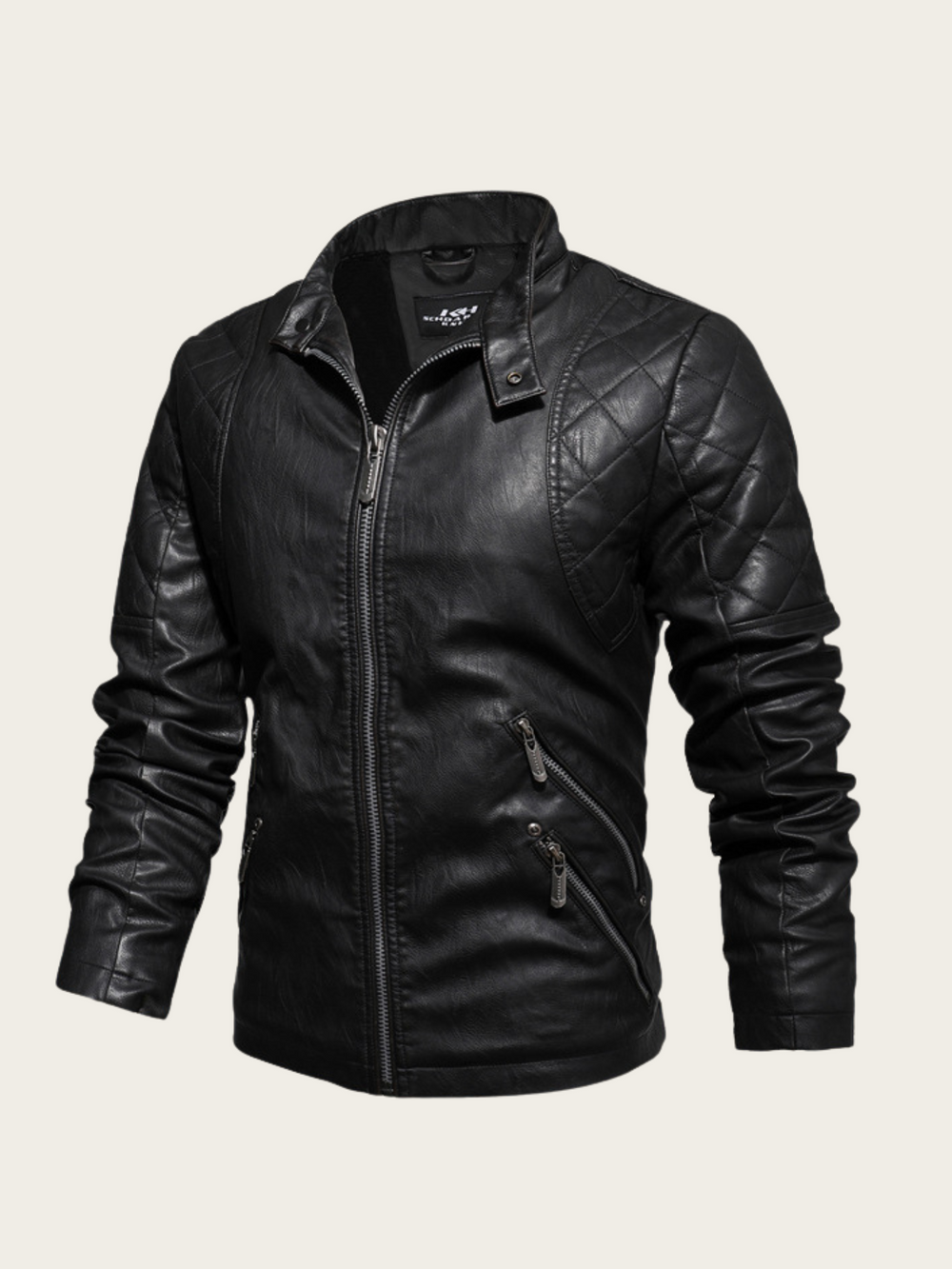 Black leather jacket on a light gray background