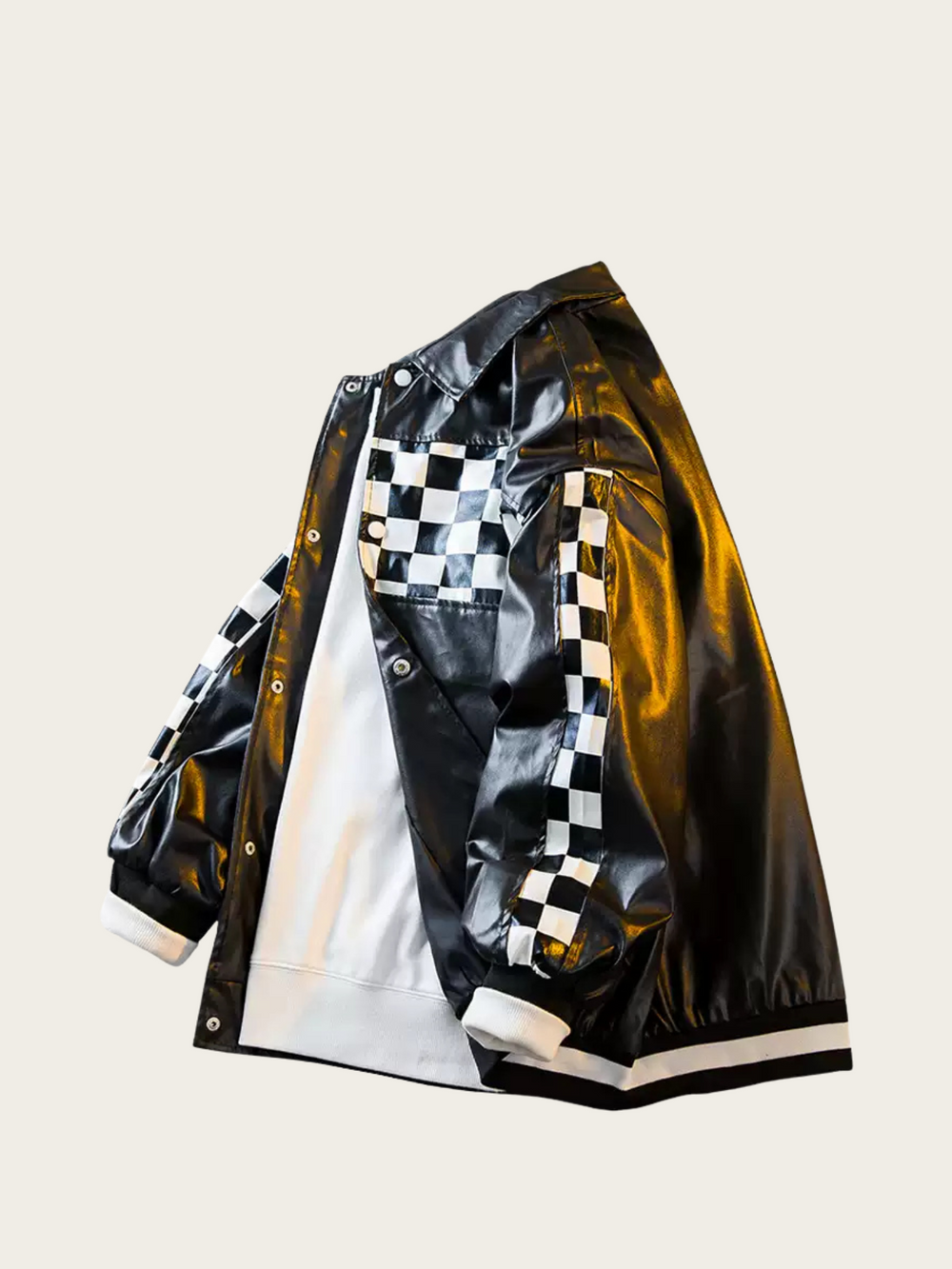 Black and gold checkered jacket on a beige background