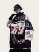 Person wearing a black, white, and red jacket with various logos and numbers on a white background