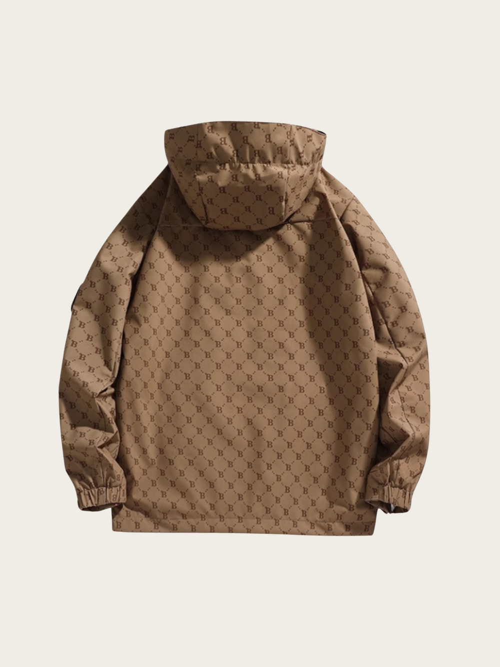 Brown hooded jacket with a subtle pattern on a beige background