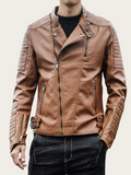 Brown leather jacket worn by a person on a plain background