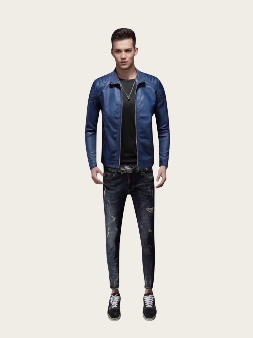 Man wearing a blue leather jacket and black jeans on a white background