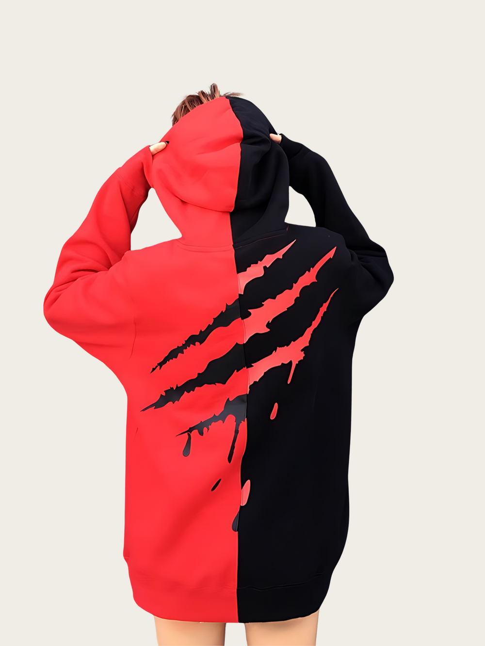 Red and black hoodie with a claw mark design on a plain background