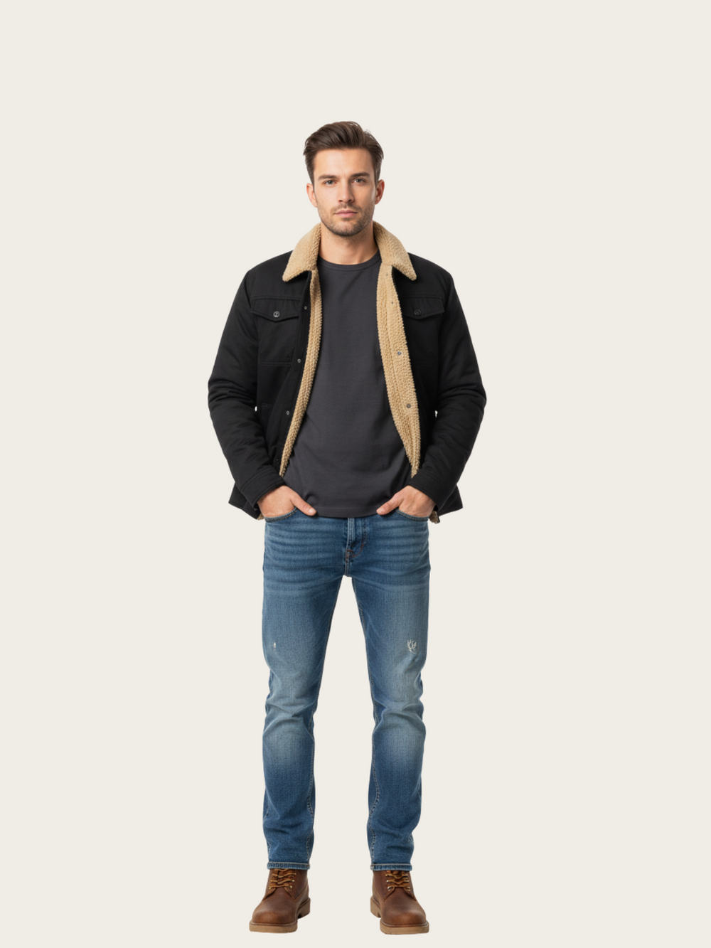 Man wearing a black jacket with a beige collar, black shirt, blue jeans, and brown boots on a white background