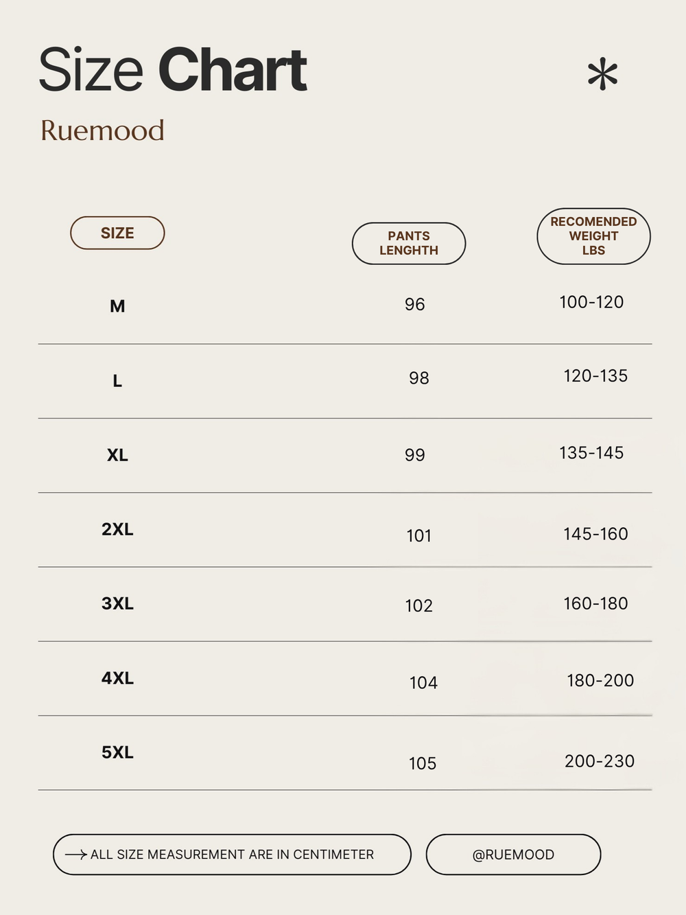 Size chart for pants by Ruemood with measurements in centimeters and recommended weight in pounds.