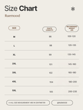 Size chart for pants by Ruemood with measurements in centimeters and recommended weight in pounds.