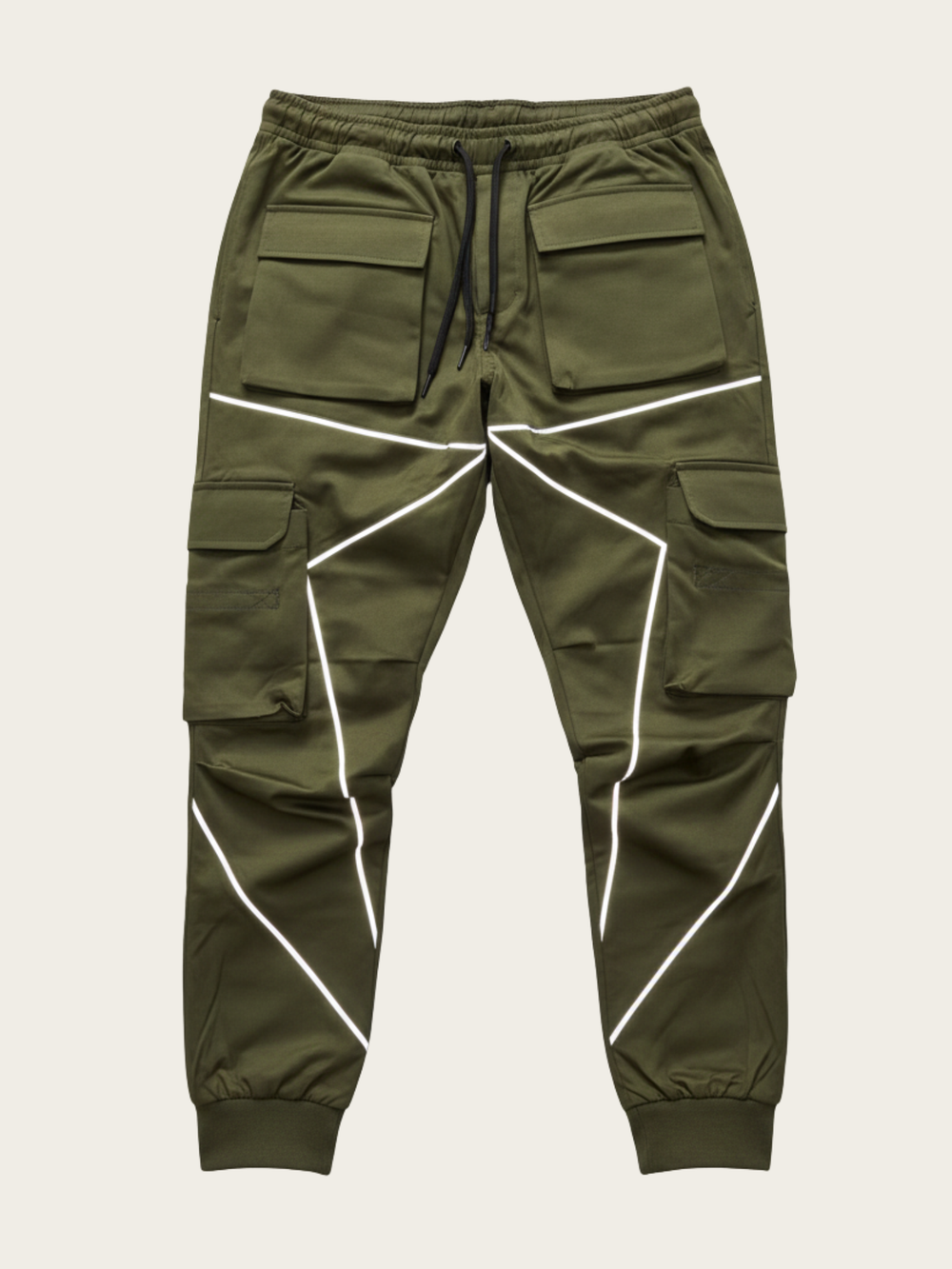 Green cargo jogger pants with reflective stripes on a light gray background