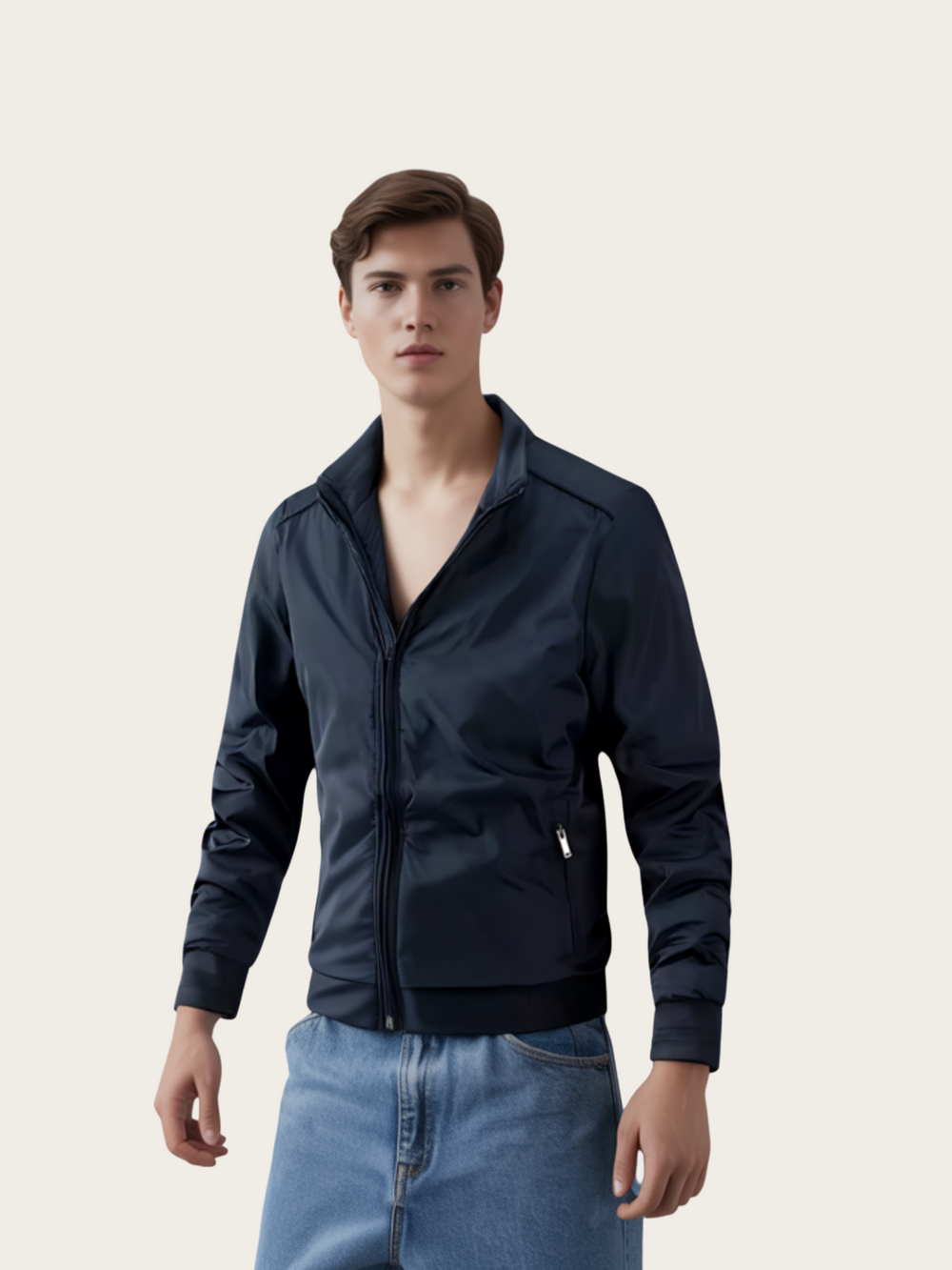 Man wearing a navy jacket and blue jeans on a beige background