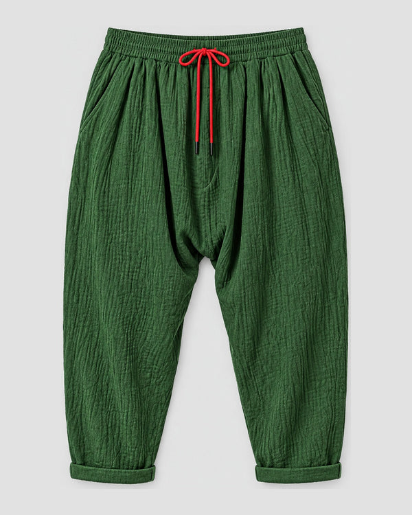 Men's Crinkled Cotton-Linen Harem Pants with Red Drawcord, front view, product photo