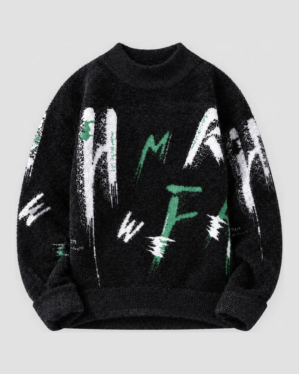 Brushstroke Letter Fuzzy Knit Sweater, front view, product photo