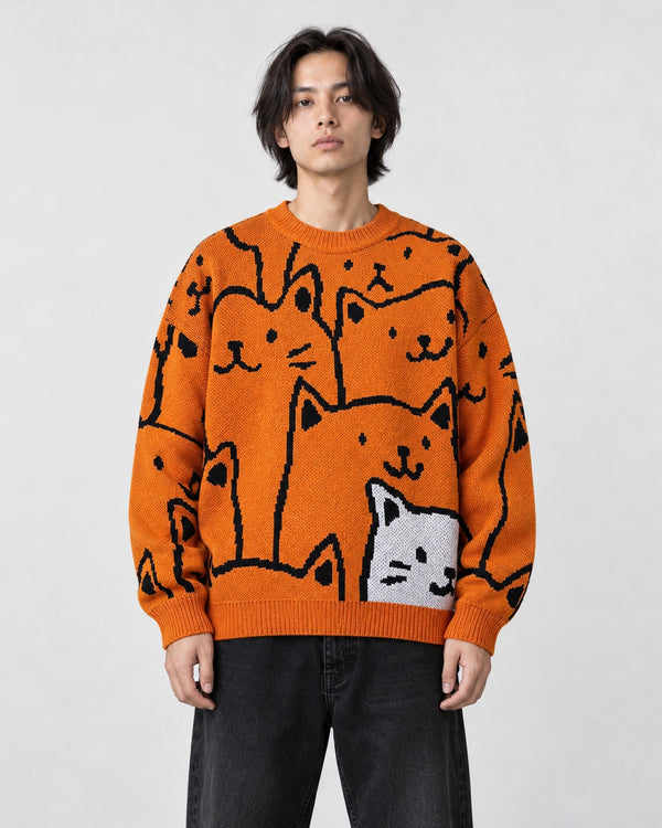 Model wearing the Men's Cat Face Jacquard Knit Sweater in orange, front view