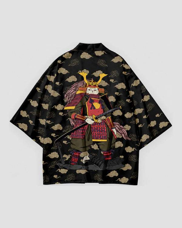 Black haori jacket with tan clouds shown open at the front and from the back, with an armored cat holding a sword