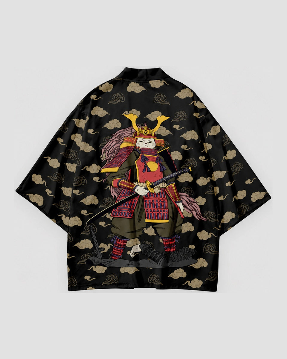 Black haori jacket with tan clouds shown open at the front and from the back, with an armored cat holding a sword