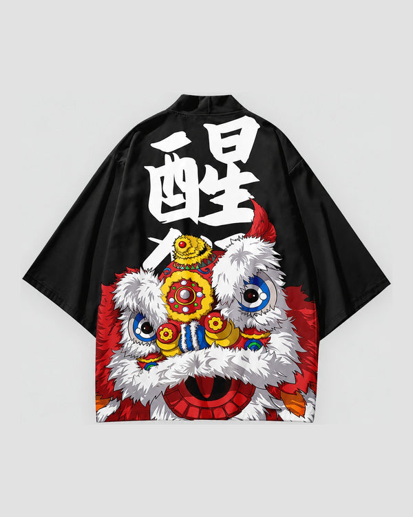 Black lion dance haori cardigan, front and back, with a white calligraphy character and a white-furred lion head