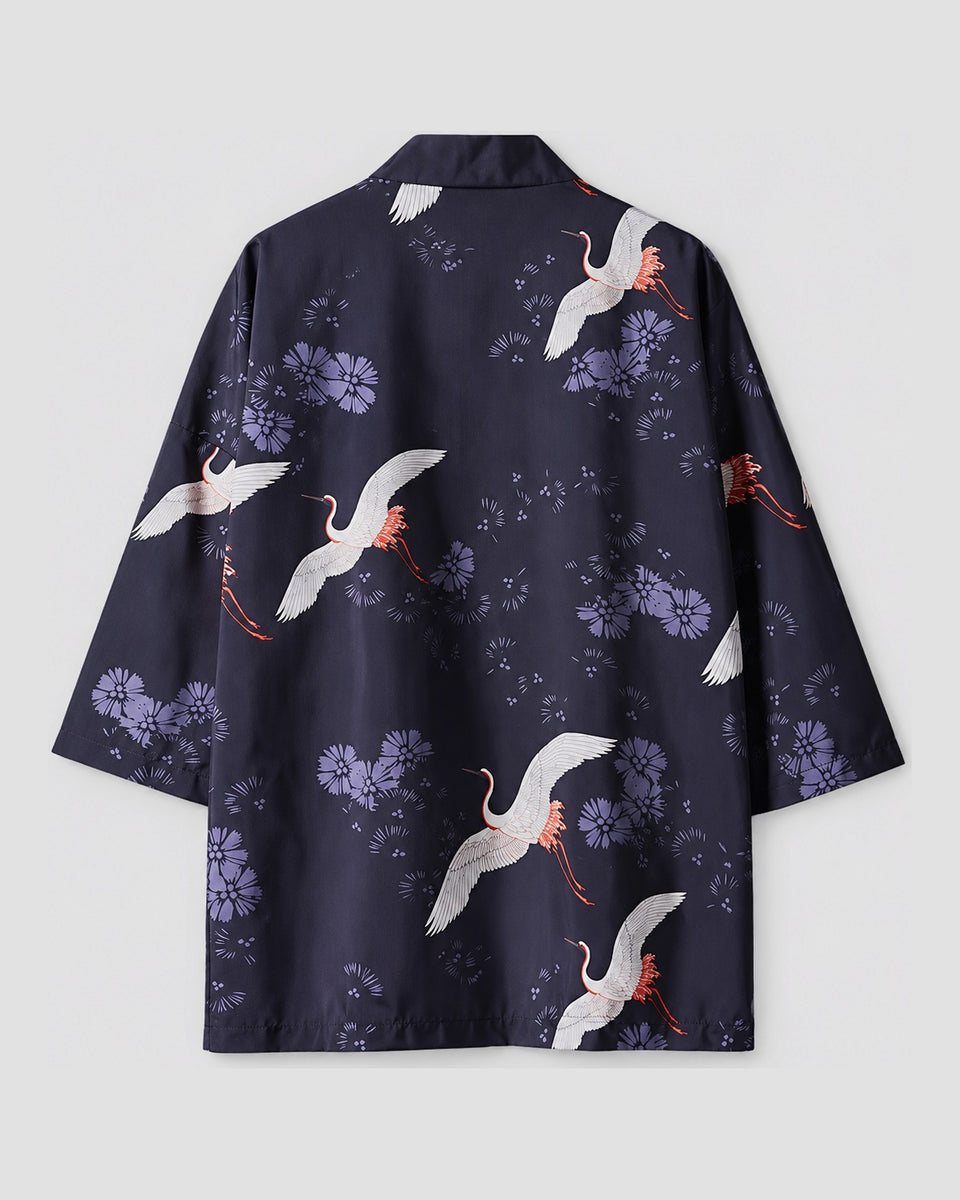 Navy Haori Cardigan with Flying Cranes and Lilac Flowers, back view, product photo