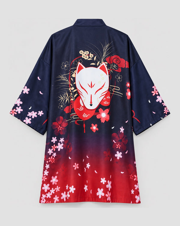 Fox Mask Cherry Blossom Long Haori, front view, product photo