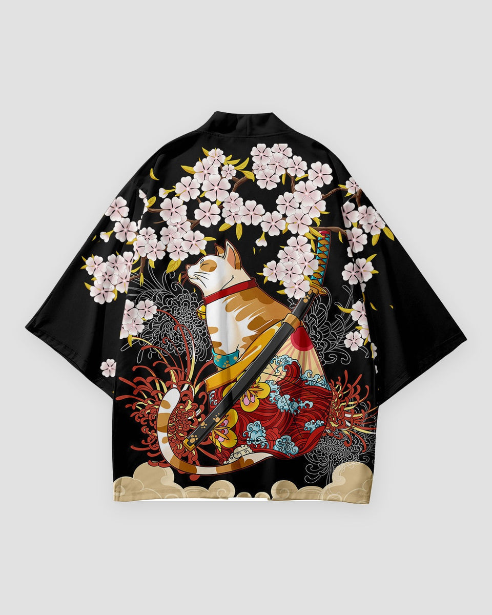 Black haori jacket, back view with a calico cat holding a katana under pink cherry blossoms and red spider lilies