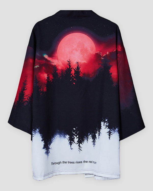 Haori jacket on a hanger, back view with a red moon over black pine trees and a white hem