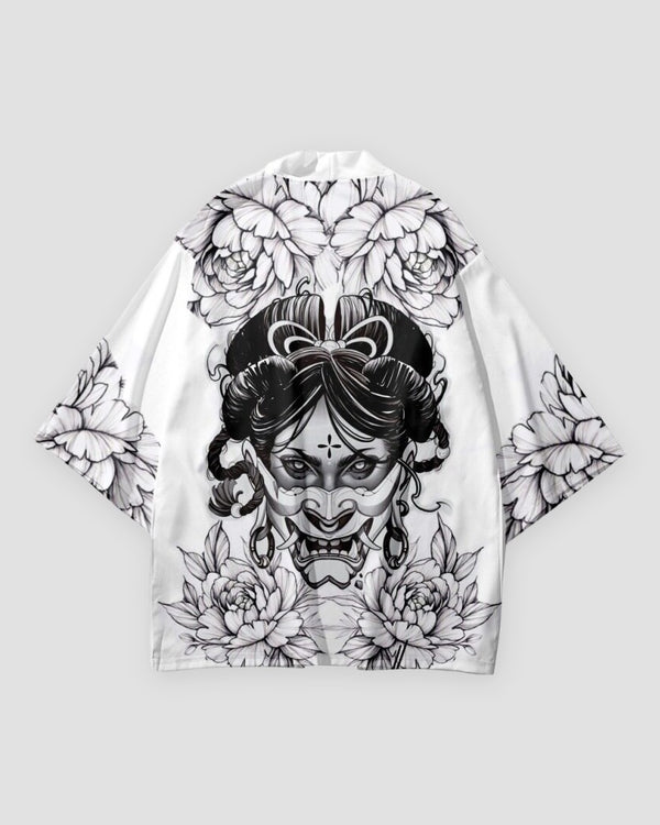 White haori jacket, back view with a black line-art horned mask framed by peonies and leaves