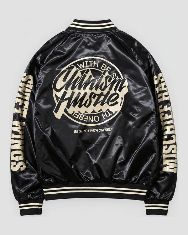 Script Badge Varsity Bomber Jacket, back view, product photo