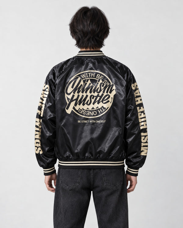 Model wearing the Script Badge Varsity Bomber Jacket, back view