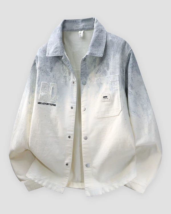 Gray ombre shirt jacket, front view, gray-blue shoulders fading into a cream body