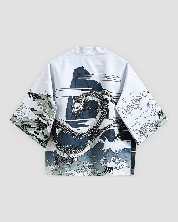 White haori jacket on a hanger, back view with a coiling gray dragon, a blue-gray mountain and black and white waves