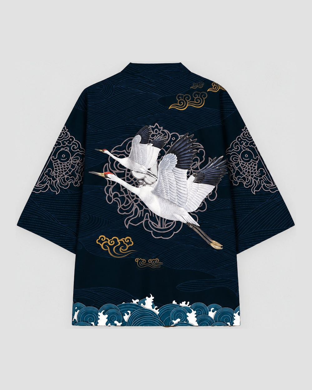 Dark navy haori on a hanger, back view with two white cranes in flight, gold clouds and teal waves along the hem