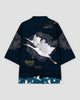 Dark navy haori on a hanger, back view with two white cranes in flight, gold clouds and teal waves along the hem