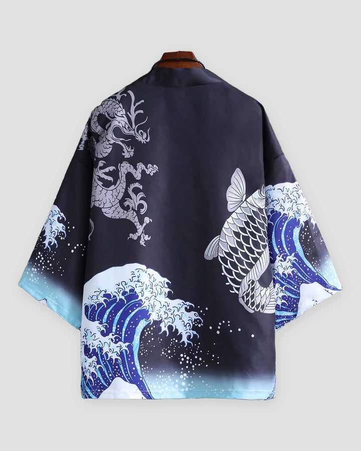 Men's Chiffon Haori Jacket with Great Wave, Koi and Dragon Print