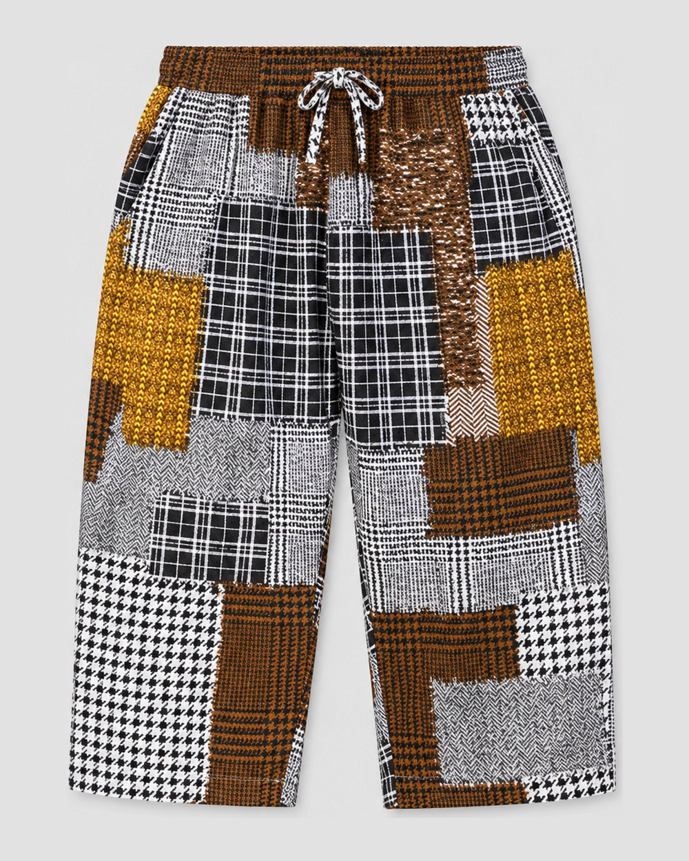 Men's Plaid Patchwork Cropped Pants with Drawcord, front view, product photo