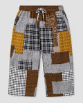Men's Plaid Patchwork Cropped Pants with Drawcord, front view, product photo