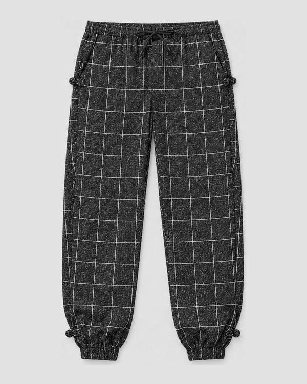 Men's Plaid Cotton-Linen Harem Pants with Frog-Button Knots, front view, product photo