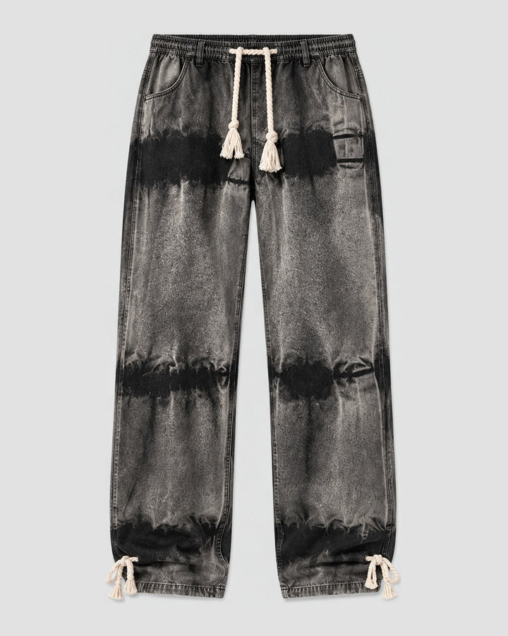 Men's Banded Tie-Dye Straight Jeans with Drawstring Waist