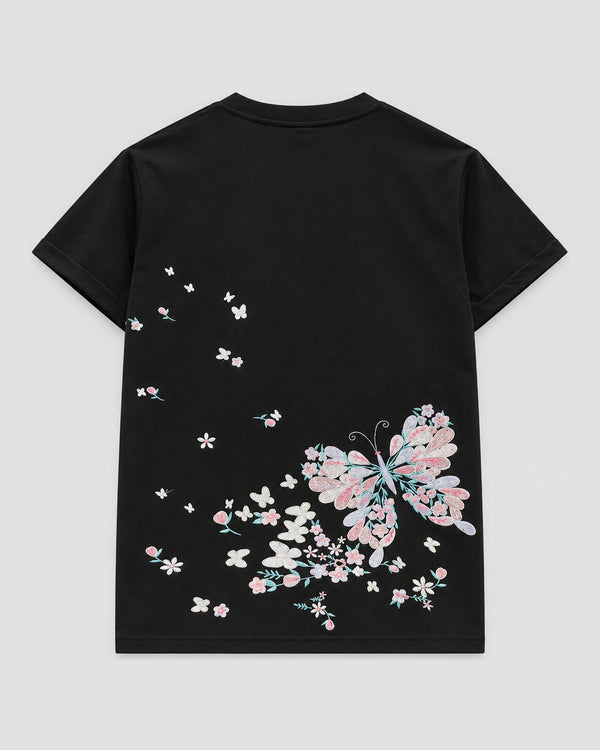 Embroidered Butterfly Blossom T-Shirt, back view, product photo