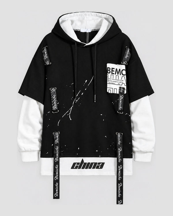 Layered Ribbon Strap Hoodie, front view, product photo
