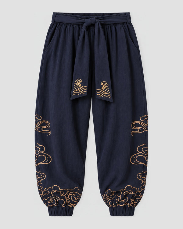 Men's Cloud-Embroidered Lantern Pants with Sash, front view, product photo