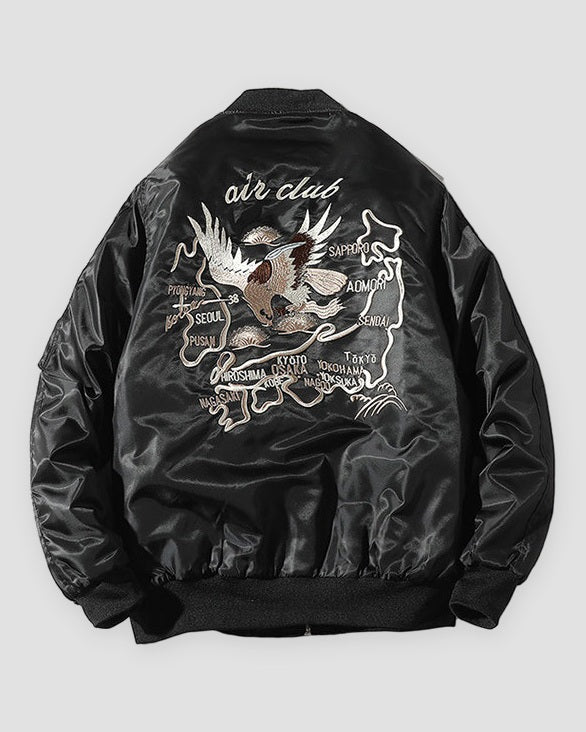 Black padded bomber jacket seen from behind with the air club eagle and Japan map embroidery and a sleeve pocket