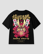 Black daruma T-shirt, back view, daruma in a gold kabuto helmet with gold lettering